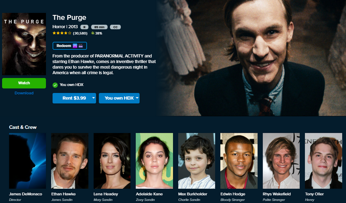 The Purge (2013) HD Digital Code (Redeems in Movies Anywhere; HDX Vudu & HD iTunes & HD Google TV Transfer From Movies Anywhere)