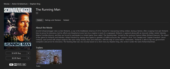 The Running Man iTunes Apple TV 4K Digital Code (1987)