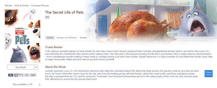 The Secret Life Of Pets iTunes Apple TV 4K Digital Code (2016) (Redeems in iTunes Apple TV; 4K Vudu Fandango at Home Transfer Across Movies Anywhere)