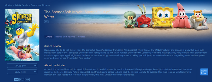 The SpongeBob Movie: Sponge Out of Water (2015) iTunes HD Digital Code