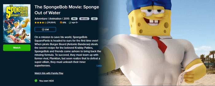 The SpongeBob Movie: Sponge Out of Water Vudu Fandango at Home HDX Digital Code (2015)