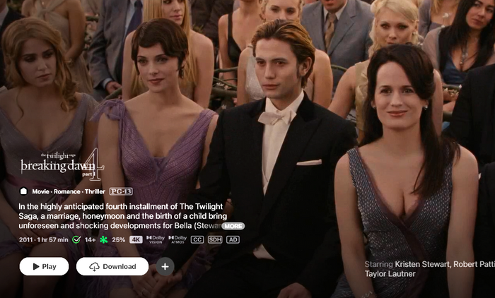 The Twilight Saga: Breaking Dawn Part 1 iTunes Apple TV 4K Digital Code (2011 Extended Edition) (Redeems in iTunes Apple TV and Transfers Across MA)