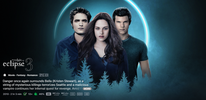 The Twilight Saga: Eclipse iTunes Apple TV 4K Digital Code (2010 Theatrical) (Redeems in iTunes Apple TV; 4K Vudu Fandango Transfers Across Movies Anywhere)