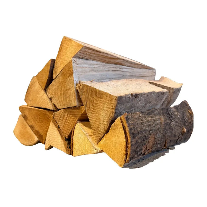 Stack of ash kiln dried pizza oven firewood on a white background