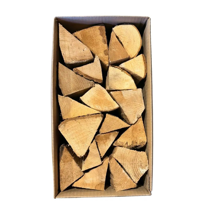 Ash kiln dried pizza oven firewood in cardboard box