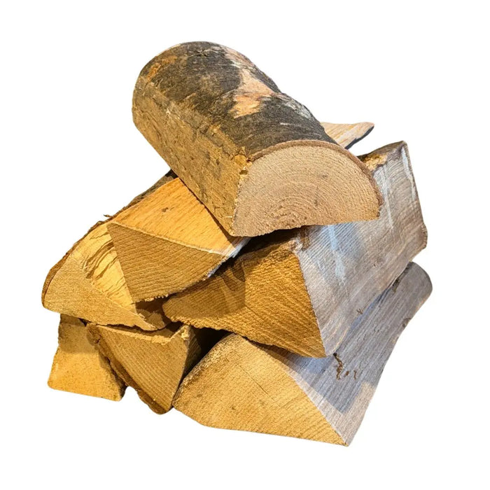 Stack of chopped ash kiln dried wood pizza oven cooking logs on a white background