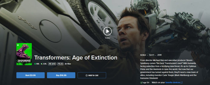 Transformers: Age of Extinction Vudu Fandango at Home 4K Digital Code (2014)
