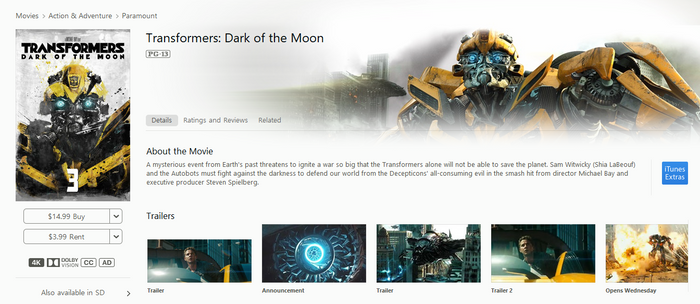 Transformers: Dark of the Moon iTunes 4K Digital Code (2011)