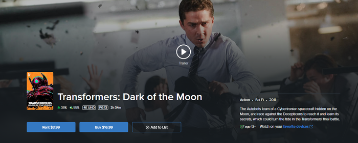 Transformers: Dark of the Moon Vudu Fandango at Home 4K Digital Code (2011)