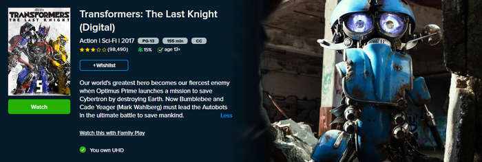 Transformers: The Last Knight UHD Vudu Digital Code (2017)