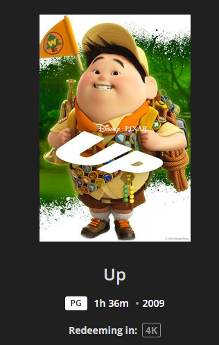 Up 4K Digital Code (2009) (Redeems in Movies Anywhere; 4K Vudu Fandango & 4K iTunes Apple TV Transfer From Movies Anywhere)
