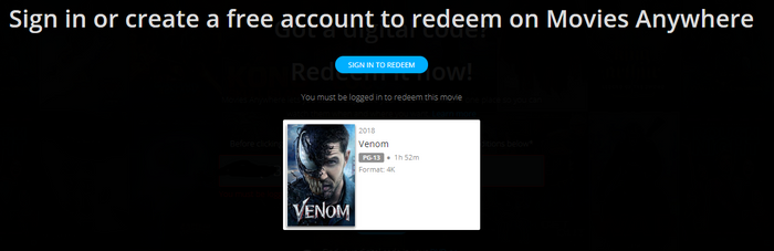 Venom 4K Digital Code (2018) (Redeems in Movies Anywhere; 4K Vudu Fandango at Home & 4K iTunes Apple TV Transfer From Movies Anywhere)