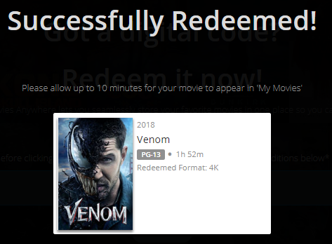 Venom 4K Digital Code (2018) (Redeems in Movies Anywhere; 4K Vudu Fandango at Home & 4K iTunes Apple TV Transfer From Movies Anywhere)