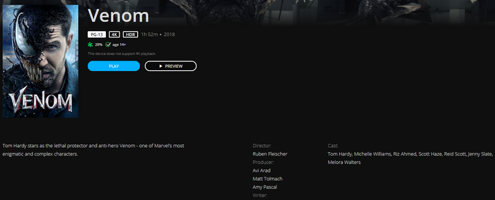 Venom 4K Digital Code (2018) (Redeems in Movies Anywhere; 4K Vudu Fandango at Home & 4K iTunes Apple TV Transfer From Movies Anywhere)