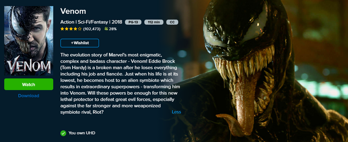 Venom 4K Digital Code (2018) (Redeems in Movies Anywhere; 4K Vudu Fandango at Home & 4K iTunes Apple TV Transfer From Movies Anywhere)