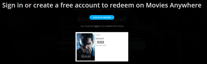 Venom HD Digital Code (Redeems in Movies Anywhere; HDX Vudu & HD iTunes & HD Google TV Transfer From Movies Anywhere)