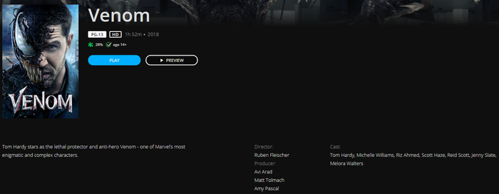Venom HD Digital Code (Redeems in Movies Anywhere; HDX Vudu & HD iTunes & HD Google TV Transfer From Movies Anywhere)