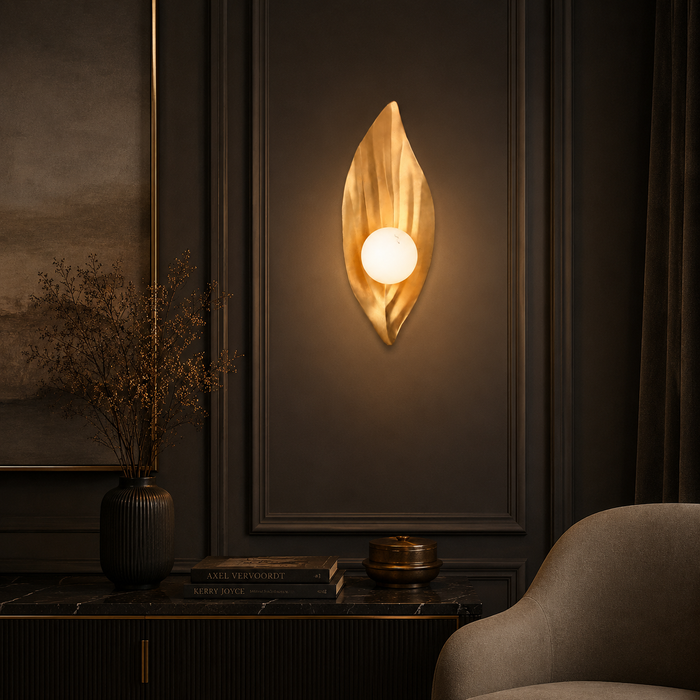 Veridian Glow - Gold Leaf Wall Lamp with Orb Light