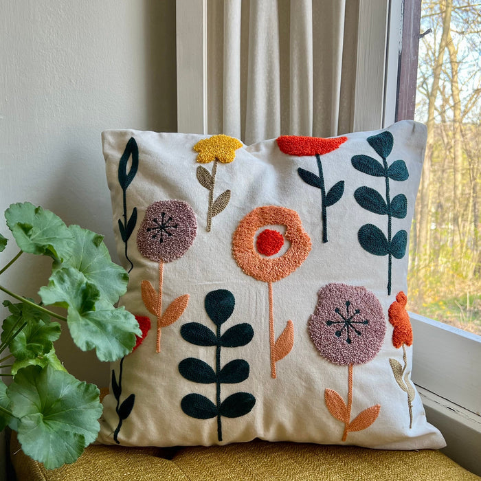 Vibrant Floral Embroidered Throw Pillow Cover