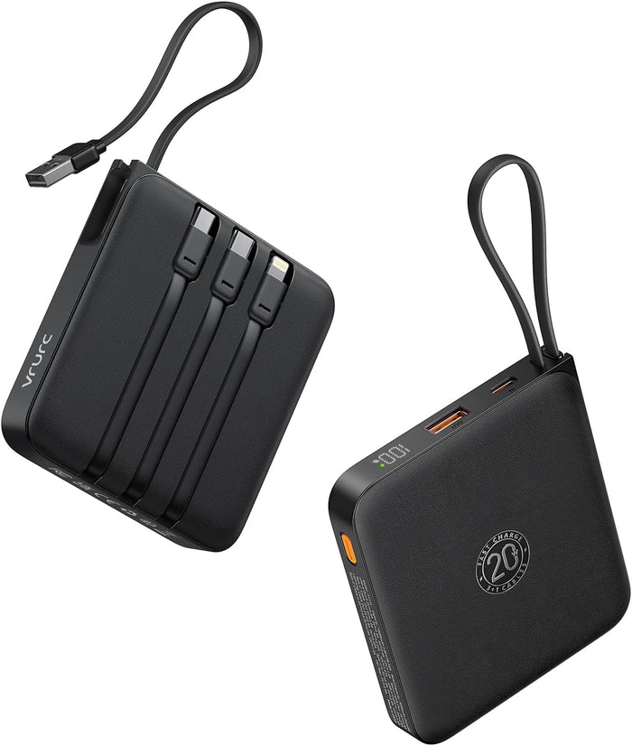 VRURC 20000mAh Power Bank with Built-in Cables, 22.5W Fast Charging Phone Portable Charger, USB C Ba
