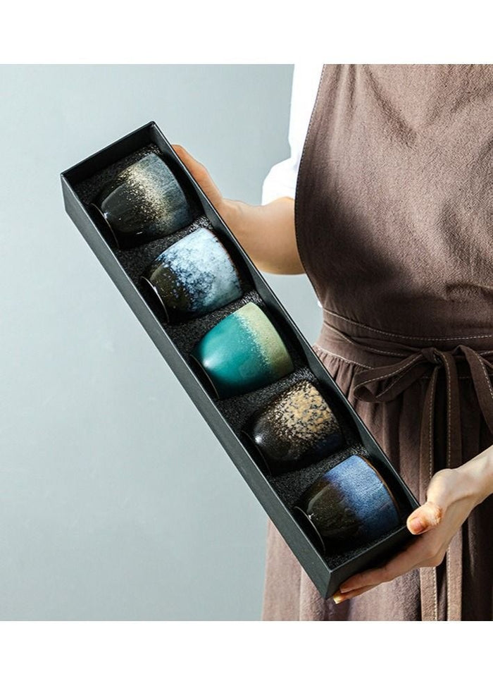 WALALLA Set of 5 Ceramic Teacup Espresso Coffee Cup Porcelain Tea Cup Set Chinese Kung Fu Bowl Drinkware Box Package for Gifts 150ml