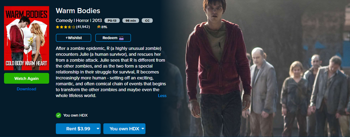 Warm Bodies HD Digital Code (2013) (Redeems in Movies Anywhere; HDX Vudu Fandango at Home & HD iTunes Apple TV Transfer From Movies Anywhere)