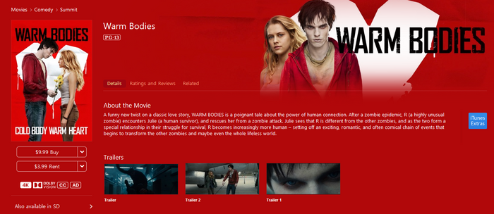 Warm Bodies iTunes Apple TV 4K Digital Code (2013) (Redeems in iTunes Apple TV; 4K Vudu Fandango at Home Transfers Across Movies Anywhere)