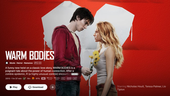 Warm Bodies iTunes Apple TV 4K Digital Code (2013) (Redeems in iTunes Apple TV; 4K Vudu Fandango at Home Transfers Across Movies Anywhere)