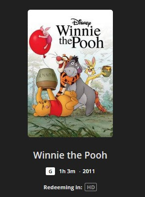 Winnie the Pooh HD Digital Code (2011) (Redeems in Movies Anywhere; HDX Vudu Fandango at Home & HD iTunes Apple TV Transfer From Movies Anywhere)