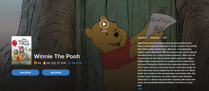 Winnie the Pooh HD Digital Code (2011) (Redeems in Movies Anywhere; HDX Vudu Fandango at Home & HD iTunes Apple TV Transfer From Movies Anywhere)