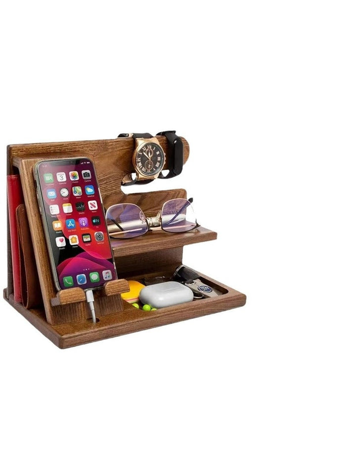 Wood Phone Docking Station Ash Key Holder Wallet Stand Watch Organizer, Nightstand Organizer Idea Gadgets for Men Husband Wife Dad Son Boyfriend Birthday Gifts