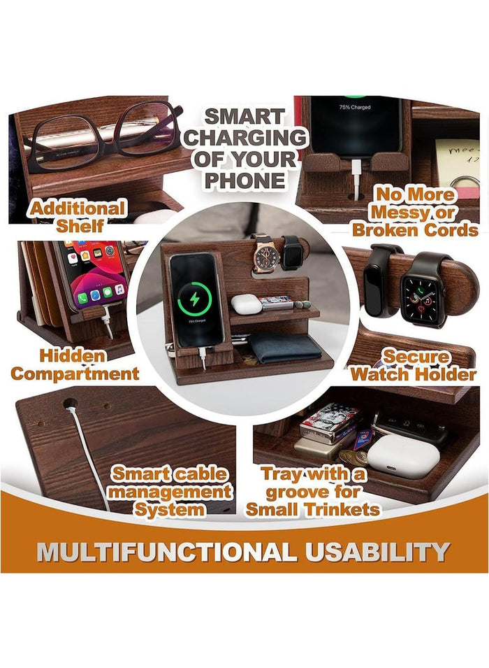 Wood Phone Docking Station Ash Key Holder Wallet Stand Watch Organizer, Nightstand Organizer Idea Gadgets for Men Husband Wife Dad Son Boyfriend Birthday Gifts