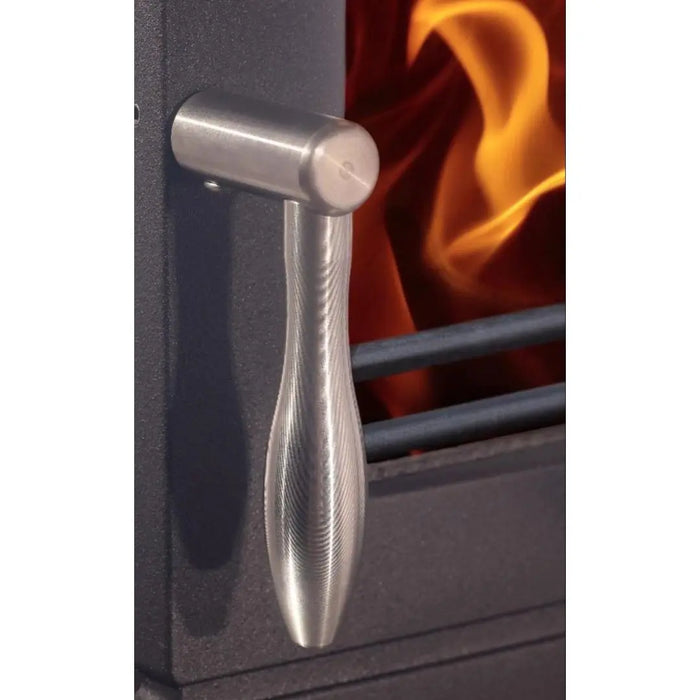Close-up of stainless steel Woodwarm machined teardrop handle on wood burning stove
