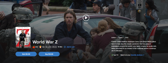 World War Z Vudu Fandango 4K Digital Code (2013 Theatrical Version)