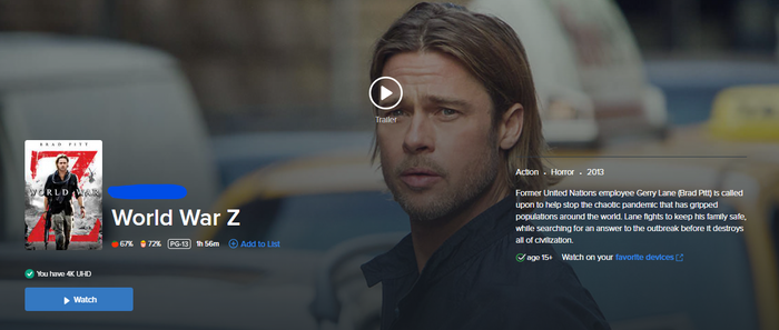 World War Z Vudu Fandango 4K Digital Code (2013 Theatrical Version)