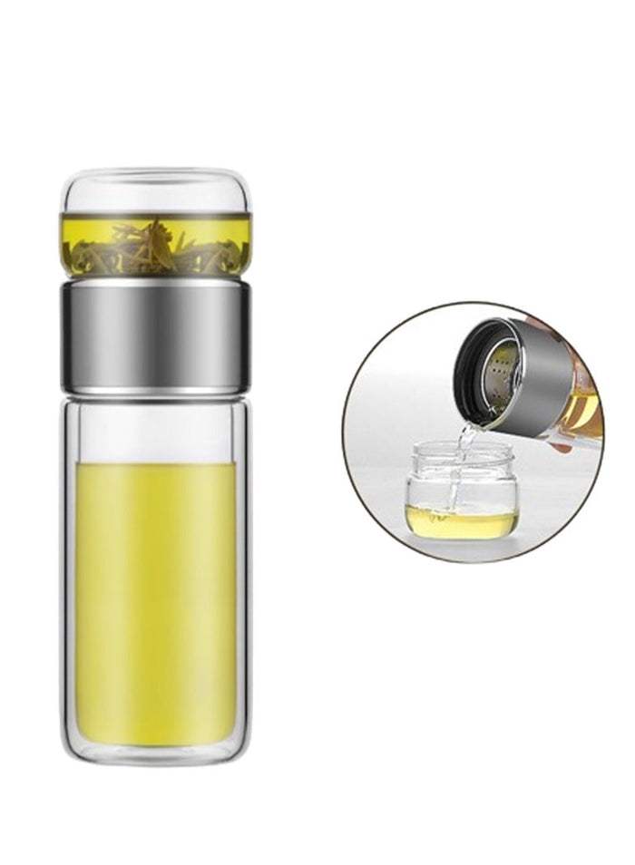 XiuWoo 420ml tea infuser bottle, double layer stainless steel leakage proof glass water bottle travel water separation tea bottle mug cup for office travel home, silver