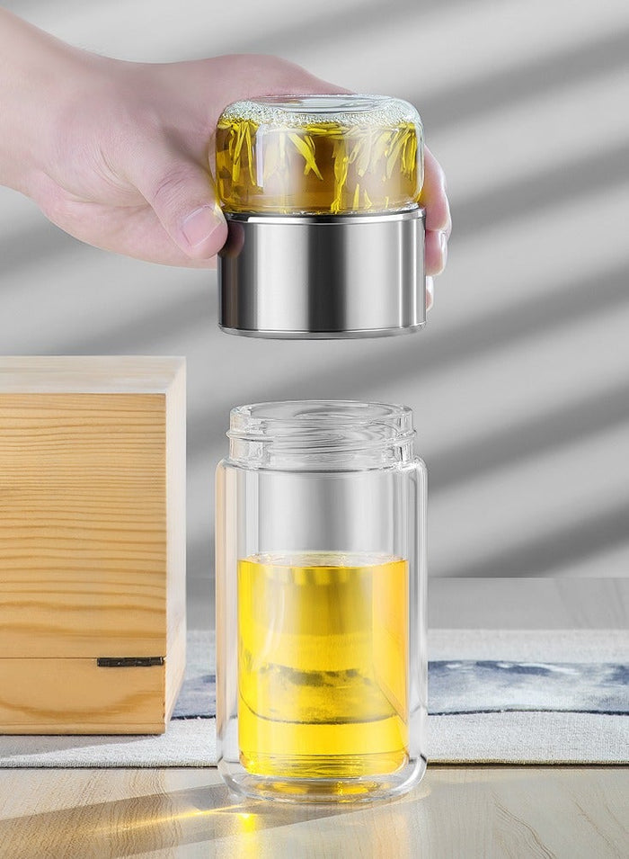 XiuWoo 420ml tea infuser bottle, double layer stainless steel leakage proof glass water bottle travel water separation tea bottle mug cup for office travel home, silver