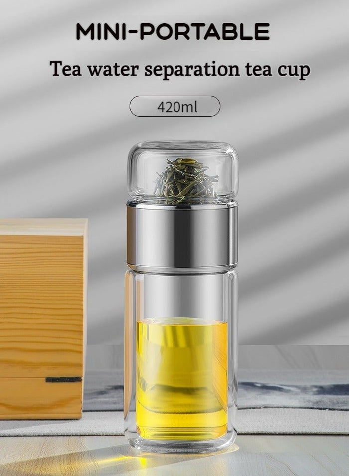 XiuWoo 420ml tea infuser bottle, double layer stainless steel leakage proof glass water bottle travel water separation tea bottle mug cup for office travel home, silver