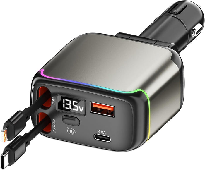 XXZU 137W Retractable Car Charger, 65W USB C Fast Charging with Dual Retractable Cables, 2 Charging