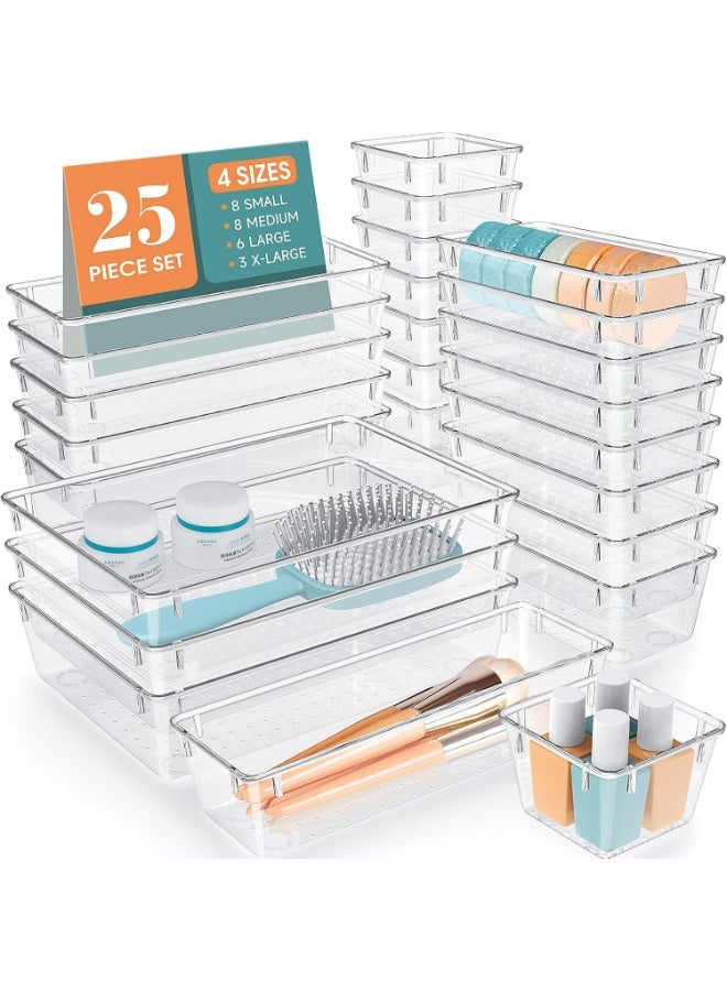 ZIMNEST 25 PCS High-Clarity Thickened Plastic Drawer Organizers Set with Non-Slip Pads, 4-Size Versatile Storage Trays for Bathroom, Vanity, Makeup, Kitchen Utensils, Bedroom & Office Gadgets