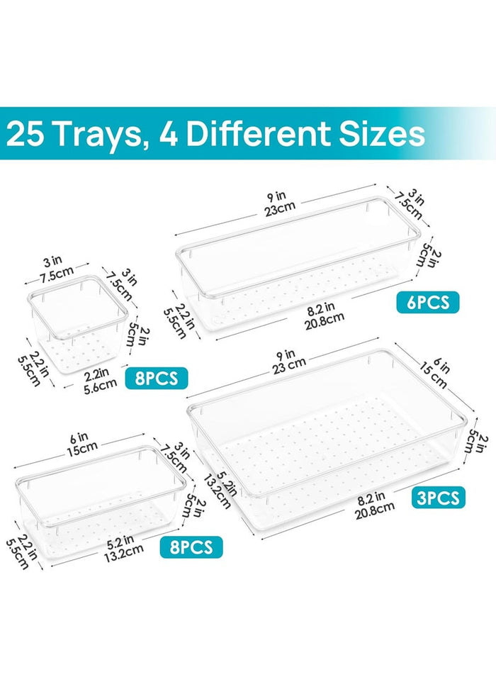 ZIMNEST 25 PCS High-Clarity Thickened Plastic Drawer Organizers Set with Non-Slip Pads, 4-Size Versatile Storage Trays for Bathroom, Vanity, Makeup, Kitchen Utensils, Bedroom & Office Gadgets