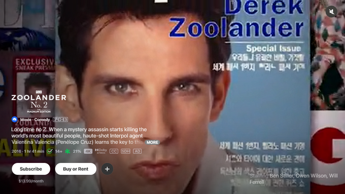 Zoolander No. 2: The Magnum Edition iTunes Apple TV 4K Digital Code (2016)