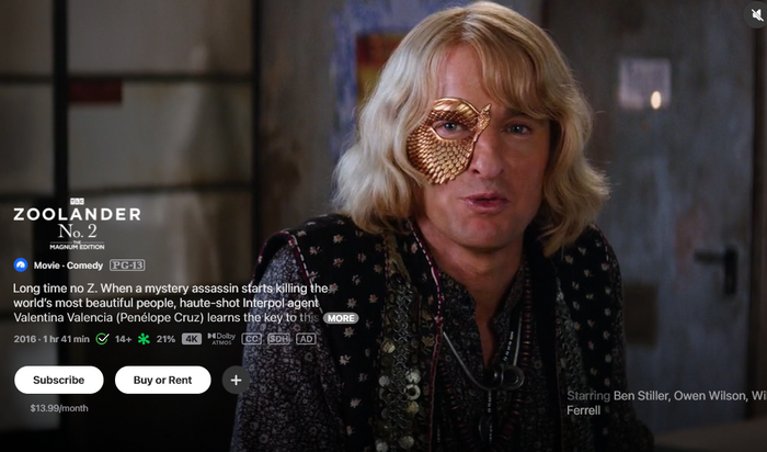 Zoolander No. 2: The Magnum Edition iTunes Apple TV 4K Digital Code (2016)